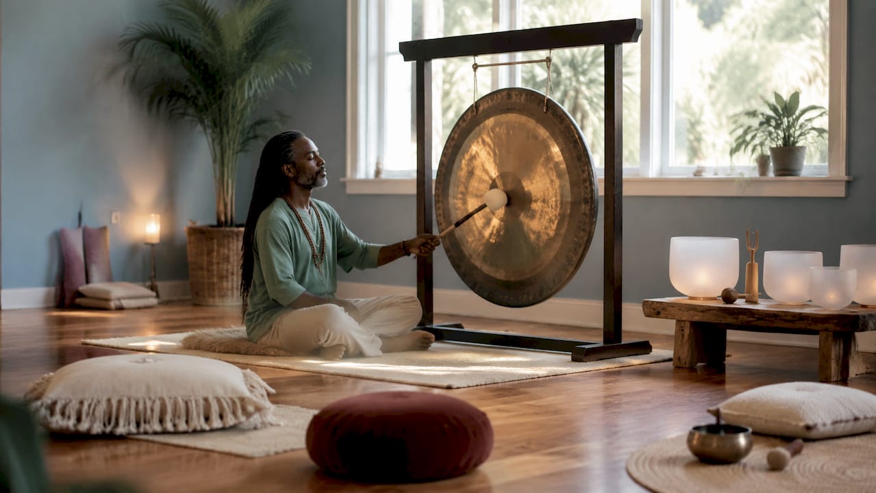 Practitioner striking gong during sound healing