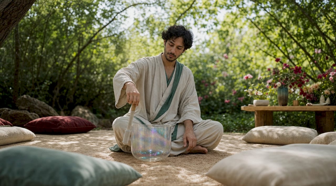 Hands playing crystal singing bowl