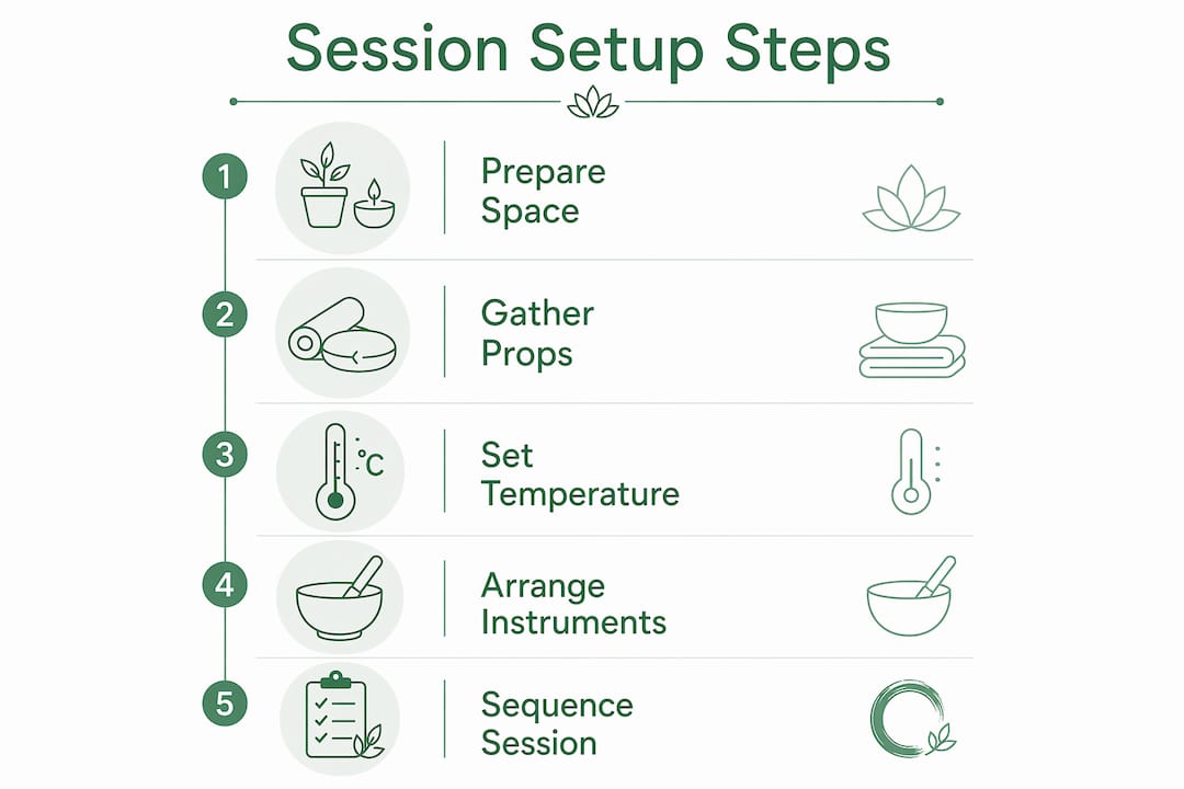 Infographic illustrating steps for restorative yoga sound bath setup
