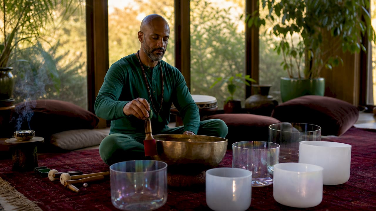Sound bath session with singing bowls and practitioner