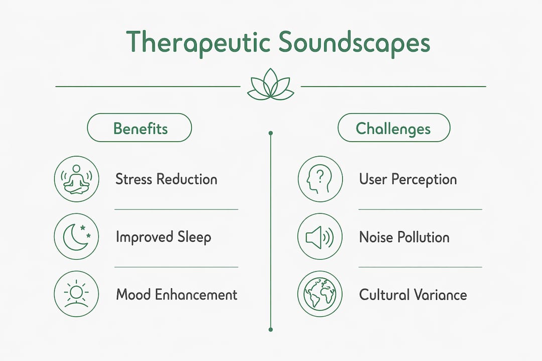 Infographic showing benefits and challenges of therapeutic soundscapes