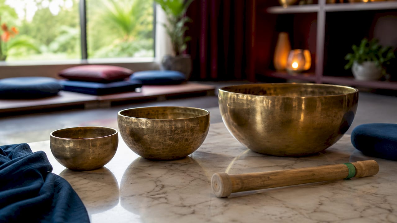 Three singing bowls of different sizes on table