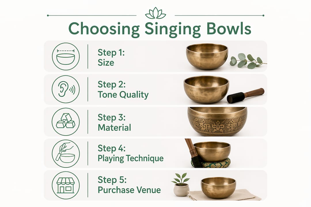 Infographic showing five steps to choose singing bowls