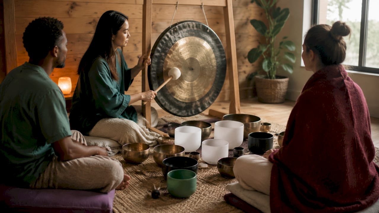 Hands playing gong and singing bowls during meditation