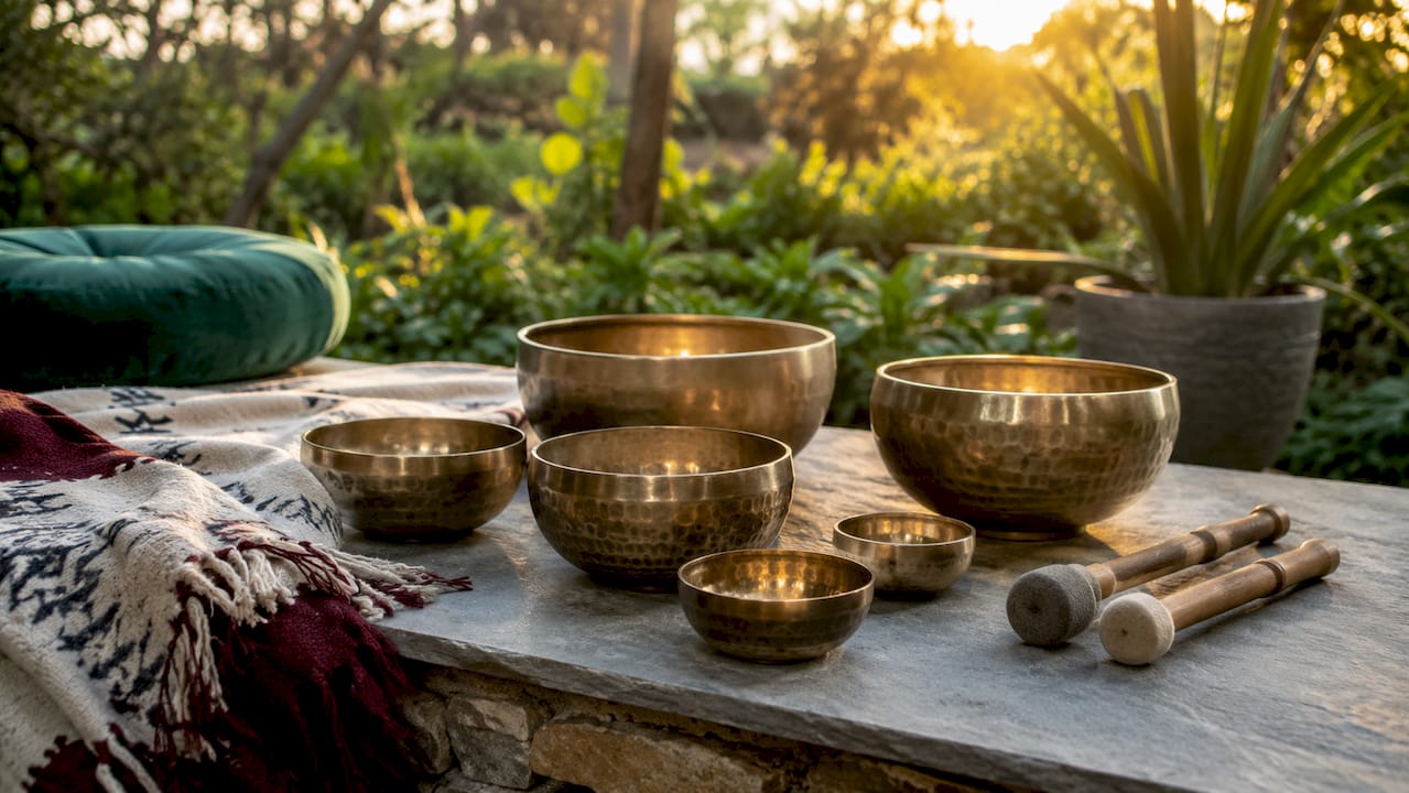 Close-up of quality singing bowls and mallets