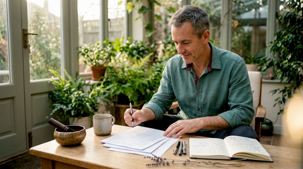 Wellness coach reviewing client forms with singing bowl