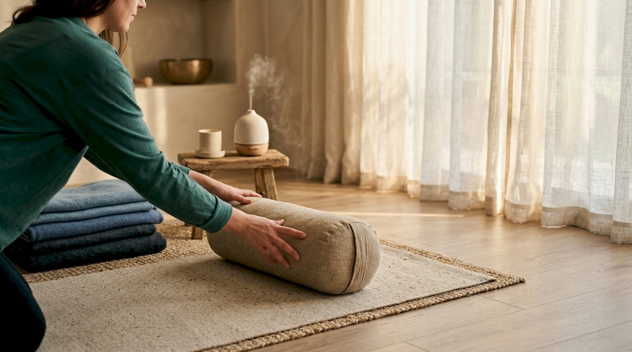 Hands arranging bolster pillow on yoga mat in studio