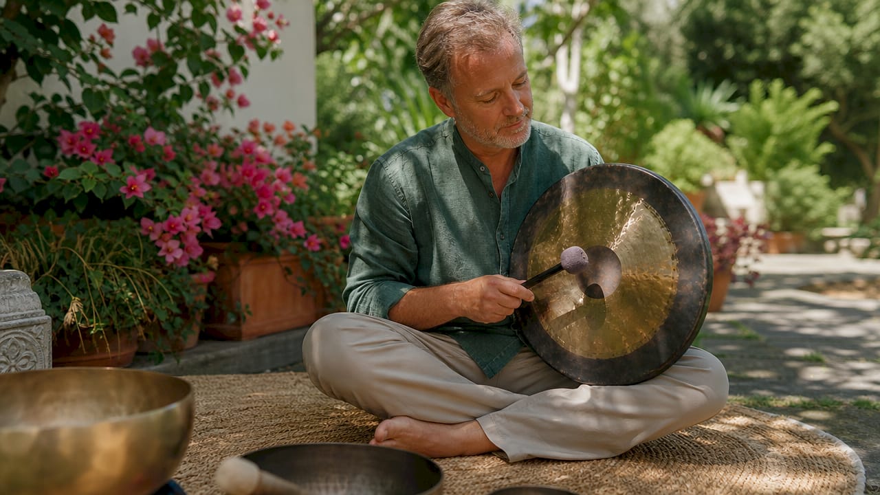 Man preparing sound instrument for healing session