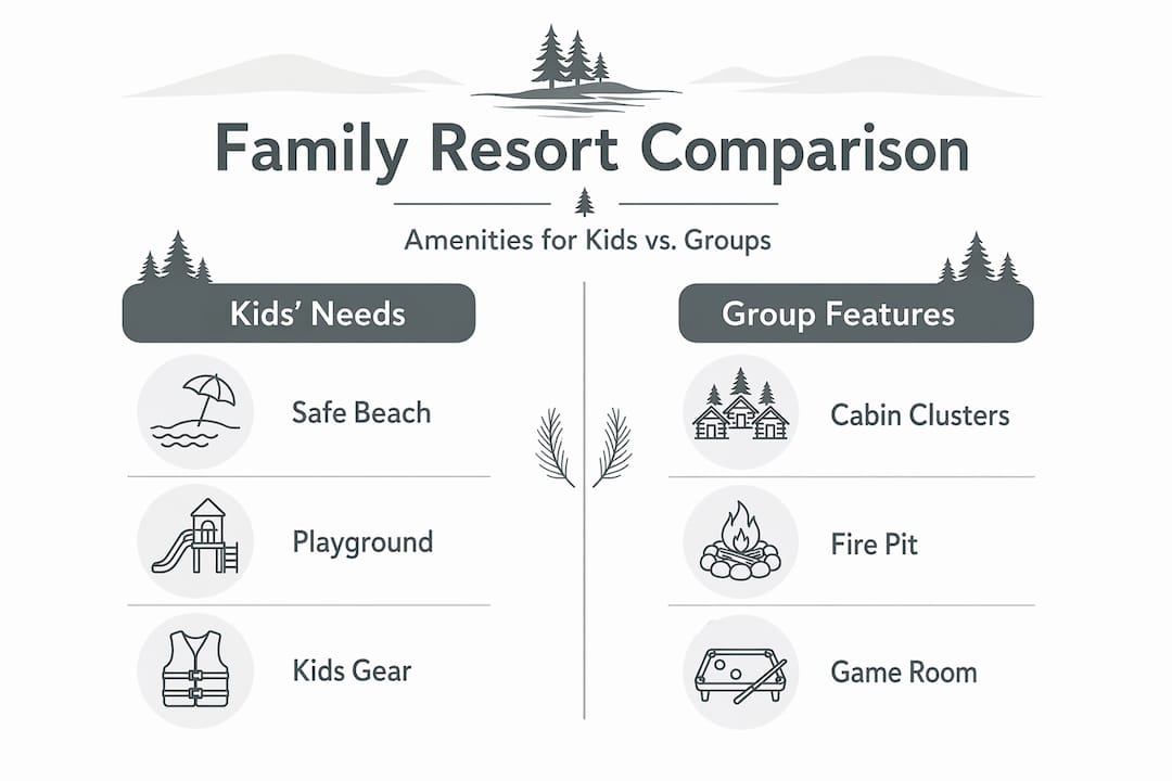 Infographic comparing kids and group resort amenities