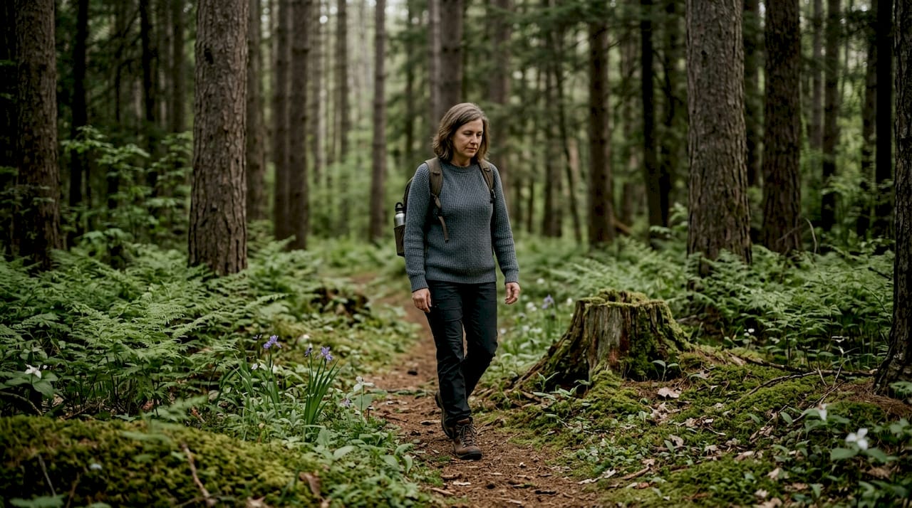 Woman enjoying mindful walk on forest trail