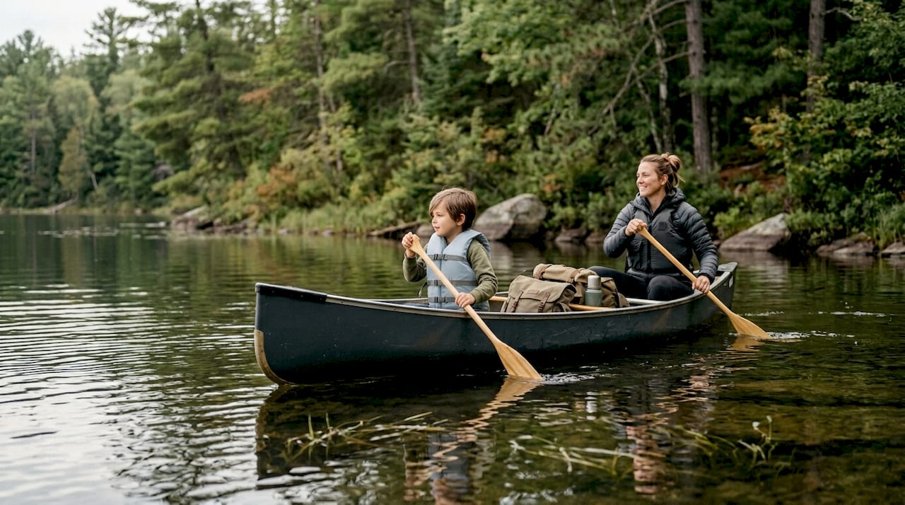 Parent and child paddling canoe on lake