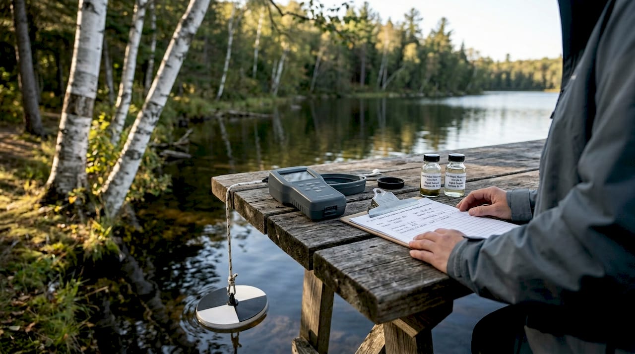 Water quality testing instruments on lake dock