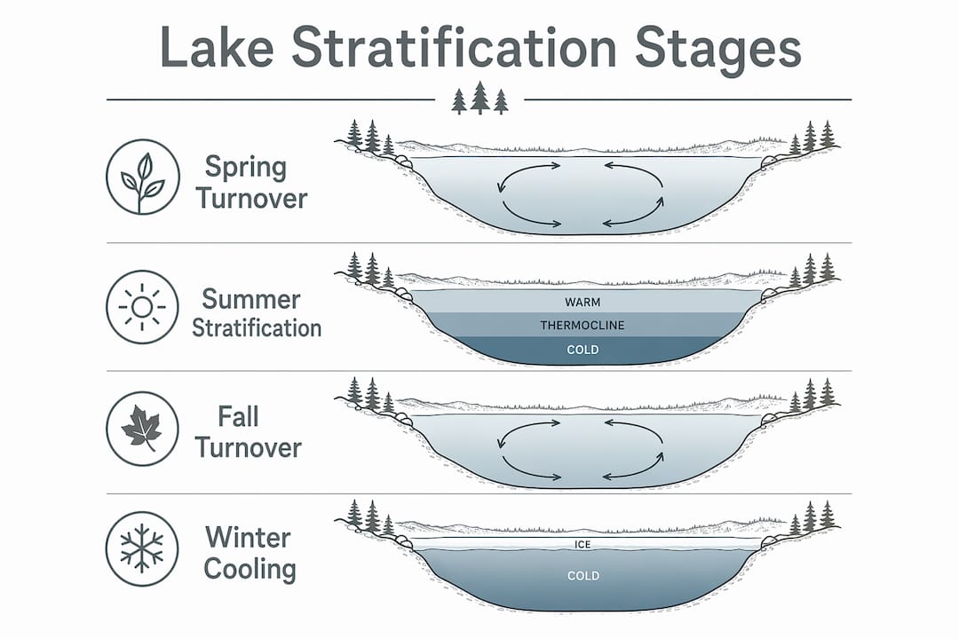 Infographic illustrating stages of lake stratification