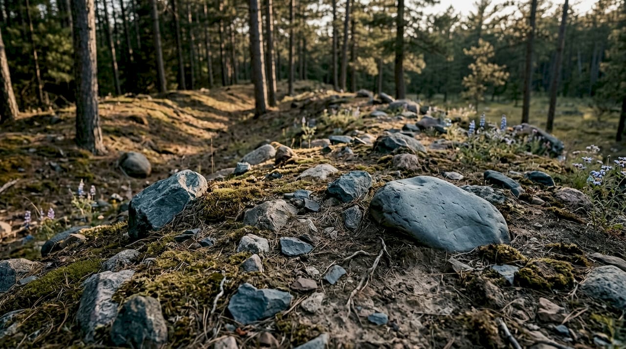 Glacial moraine ridge showing rocks and moss