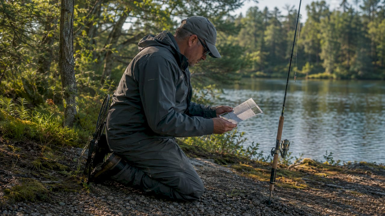 Angler reading Wisconsin fishing license rules by lake
