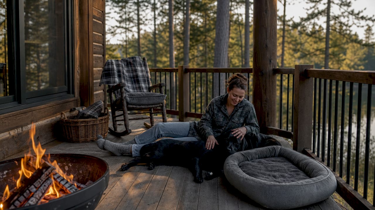 Woman petting dog inside cozy pet-friendly cabin
