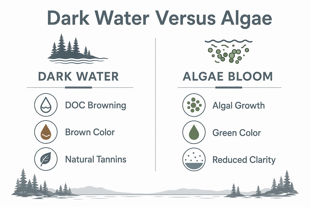 Infographic comparing dark water and algae bloom characteristics