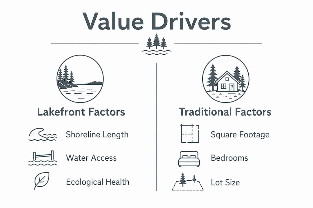 Infographic comparing lakefront and traditional property value factors