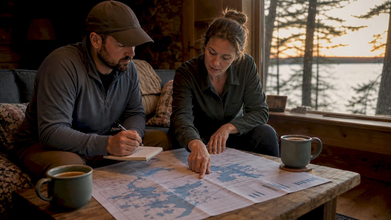 Two professionals discussing lake classification documents