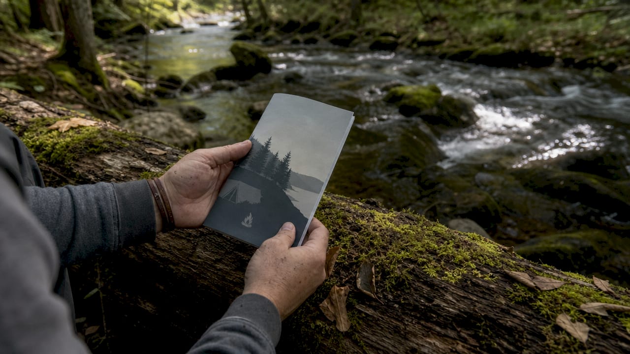 Hands holding camping rules booklet outdoors
