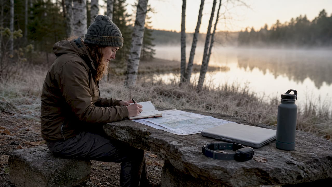 Ecologist reviewing wolf tracking maps outdoors