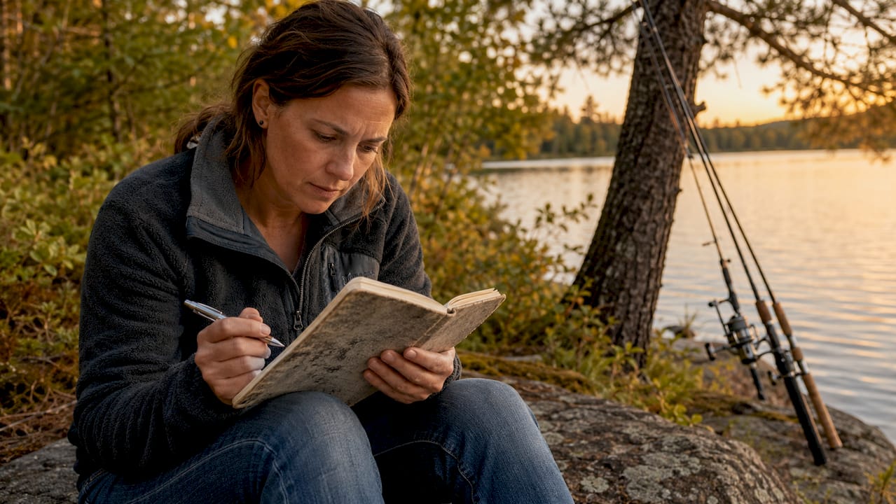 Angler reviewing fishing regulations by lake