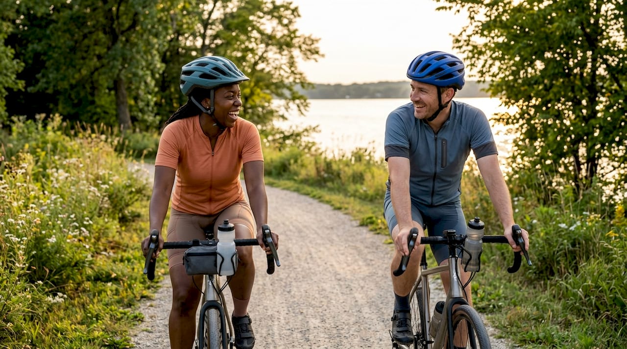 Two cyclists on paved Northwoods trail