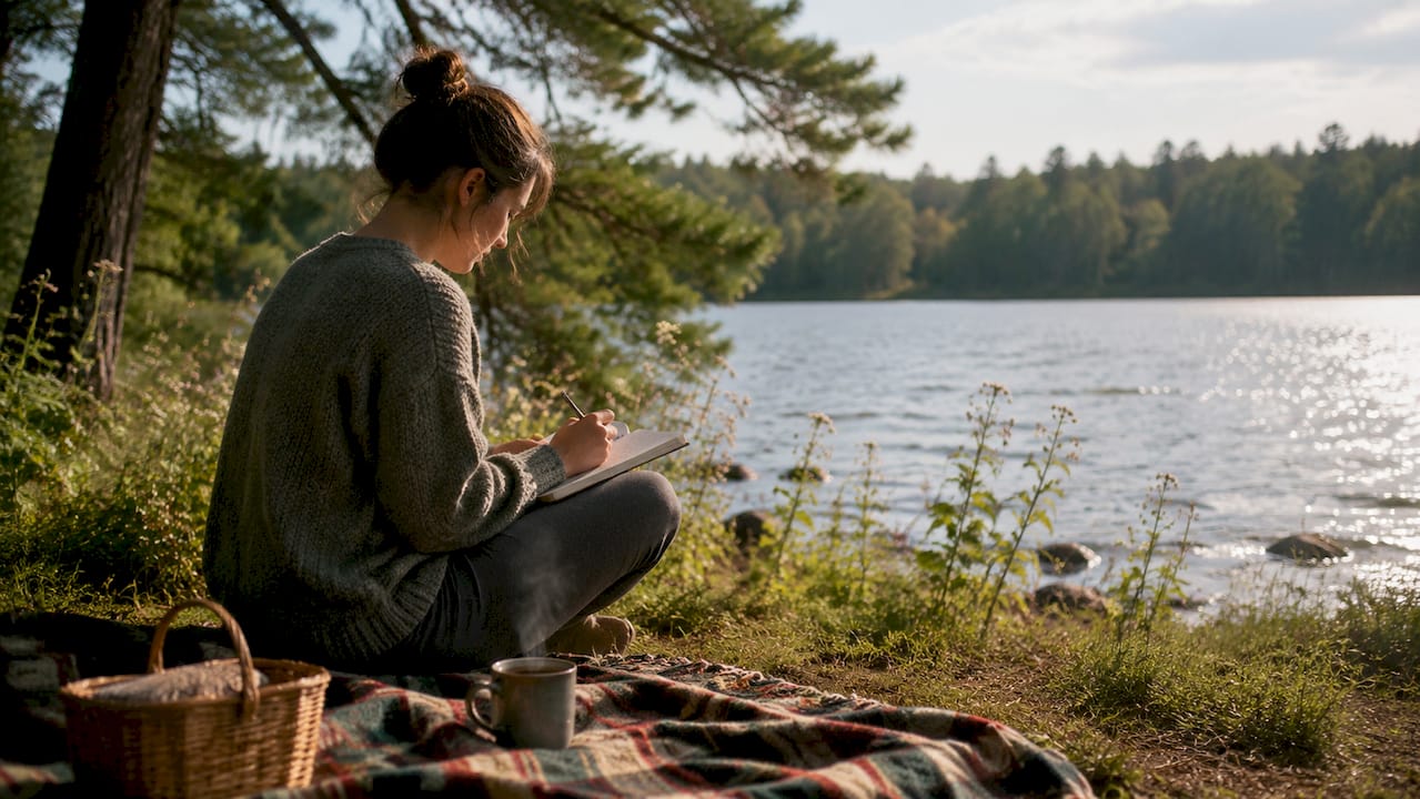 Woman sketching on cabin deck by lake