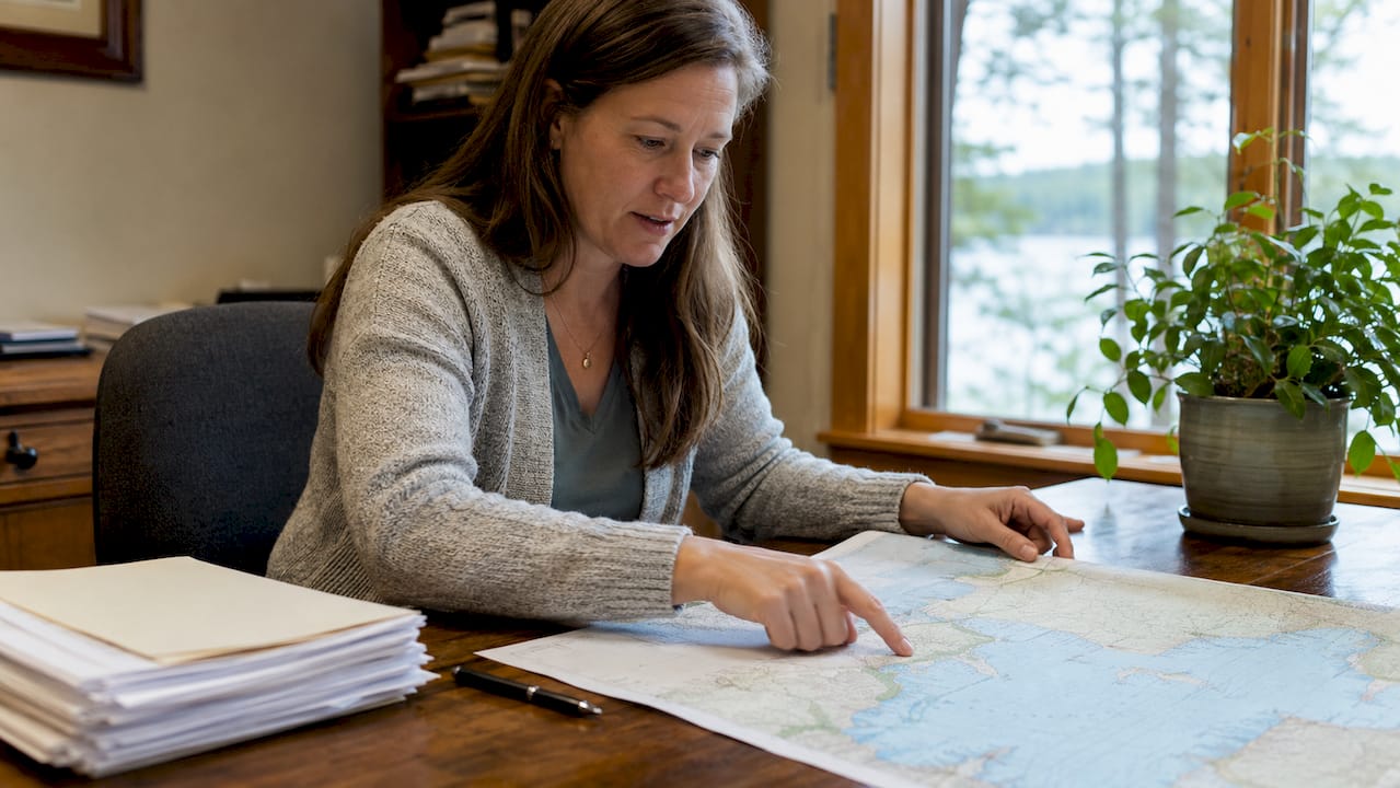Hands pointing to shoreland zoning map on desk