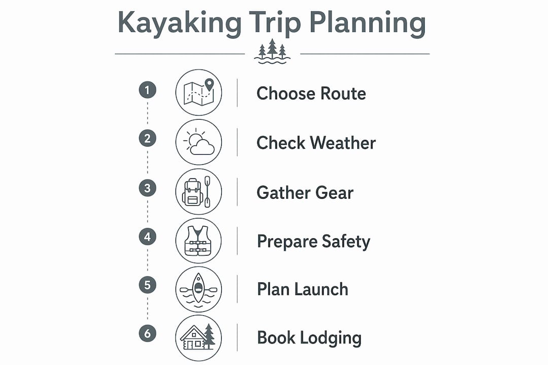 Infographic illustrating kayaking trip planning steps