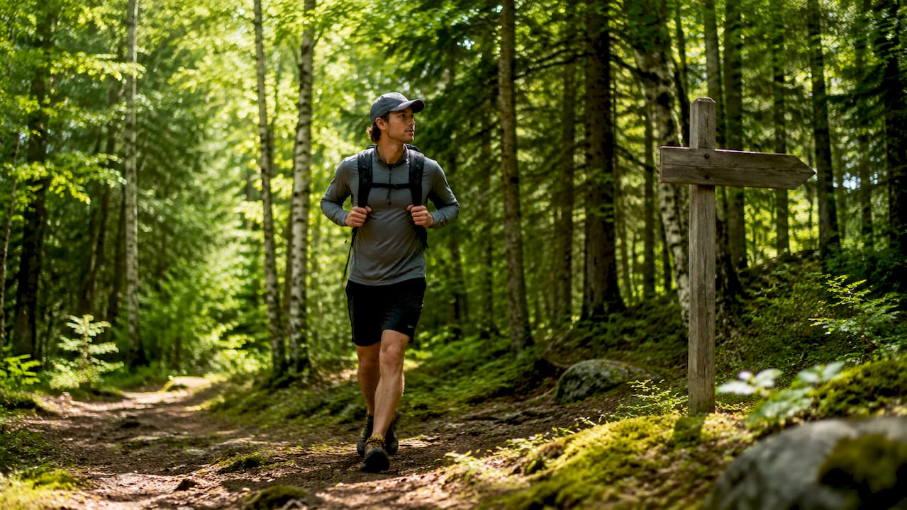 Hiker on forest trail in Northern Wisconsin summer