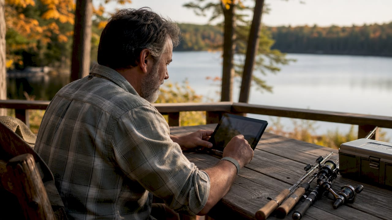 Hands managing fishing license app outdoors on porch