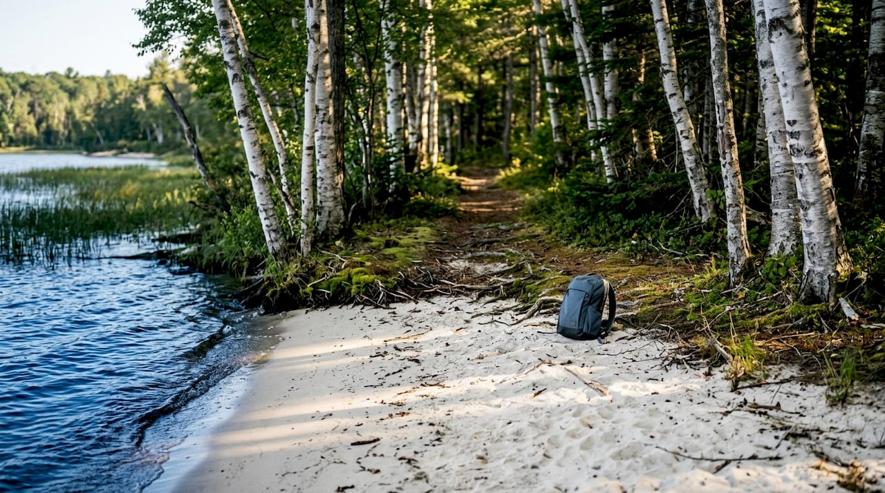 Sandy beach at forest trail end
