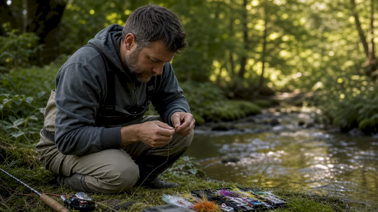 Hands tying fly near Wisconsin trout stream