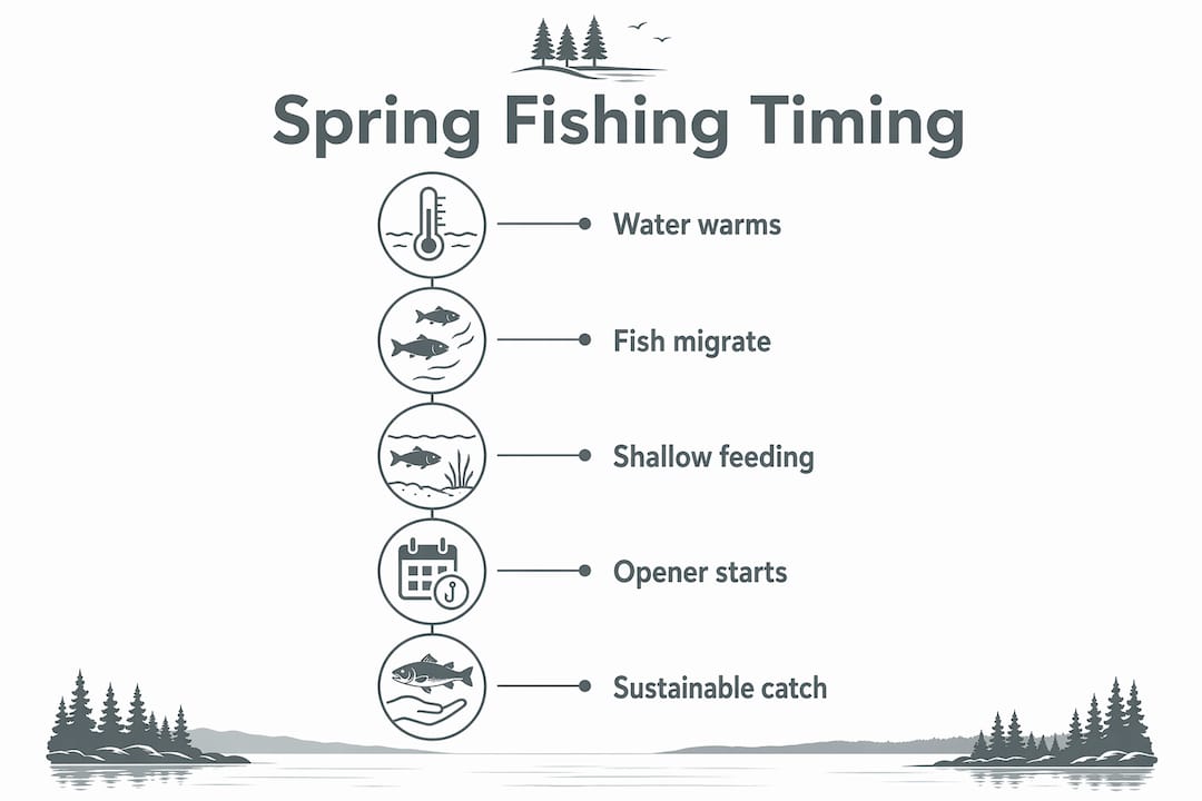 Infographic illustrating spring fishing seasonal timing steps
