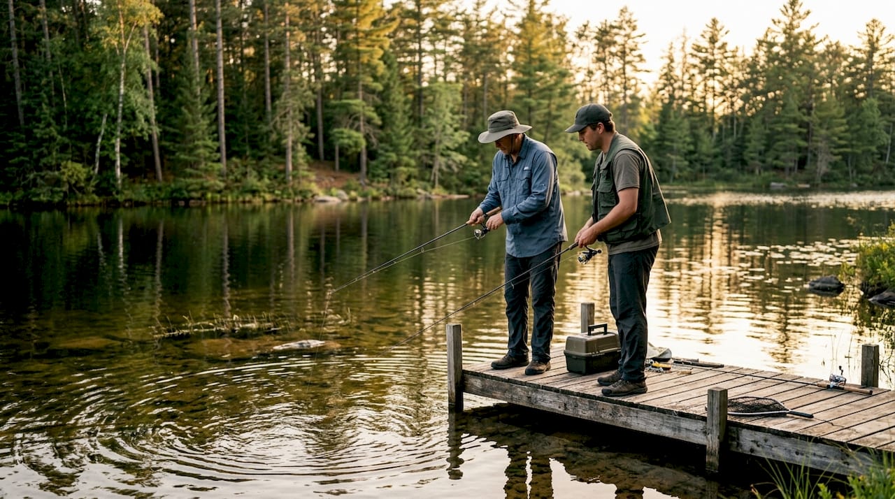 Wide view of anglers fishing shaded northern bay in Wisconsin