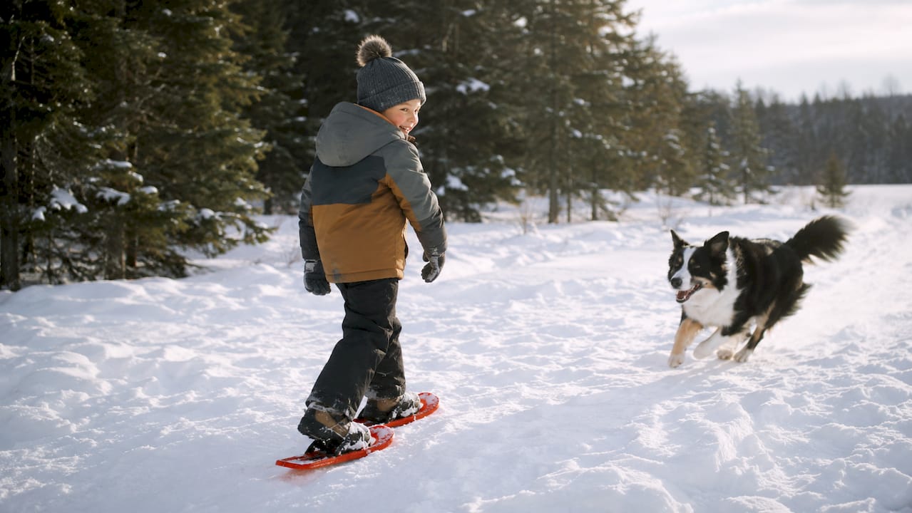 Child fastening snowshoes on cabin porch bench