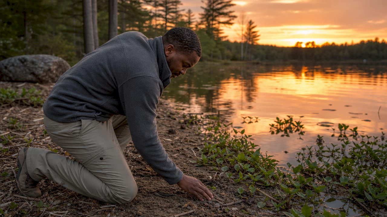 Man inspecting shoreline erosion at lakefront