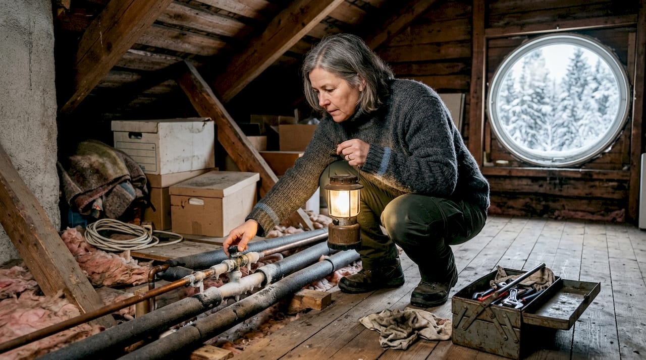 Woman inspecting frozen pipes in basement