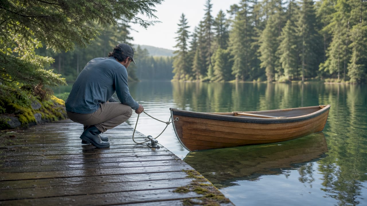 Hand adjusting boat mooring on lake dock