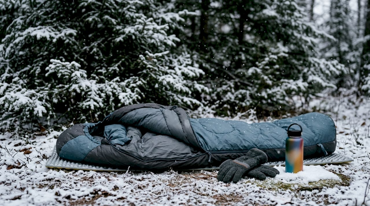 Winter camping sleep system setup close-up outdoors