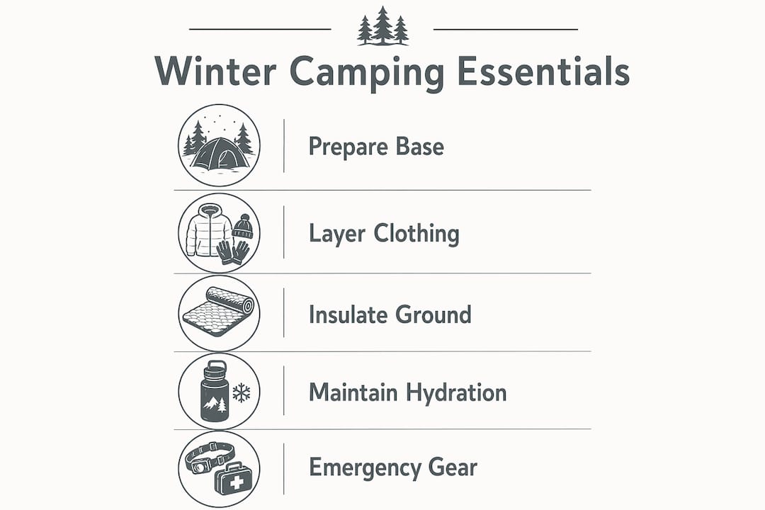 Infographic listing winter camping essential preparation steps