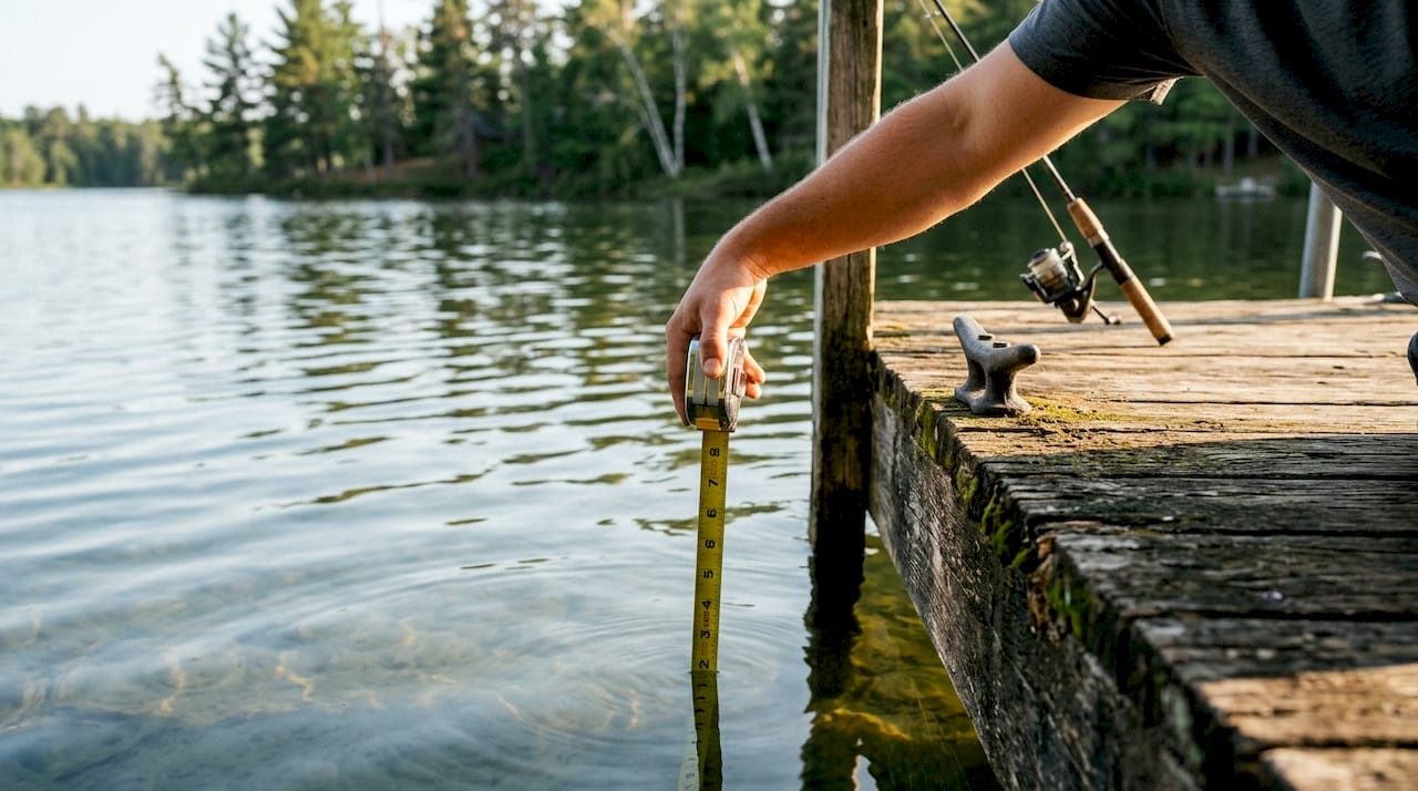 Close-up measuring lake lot water depth from dock