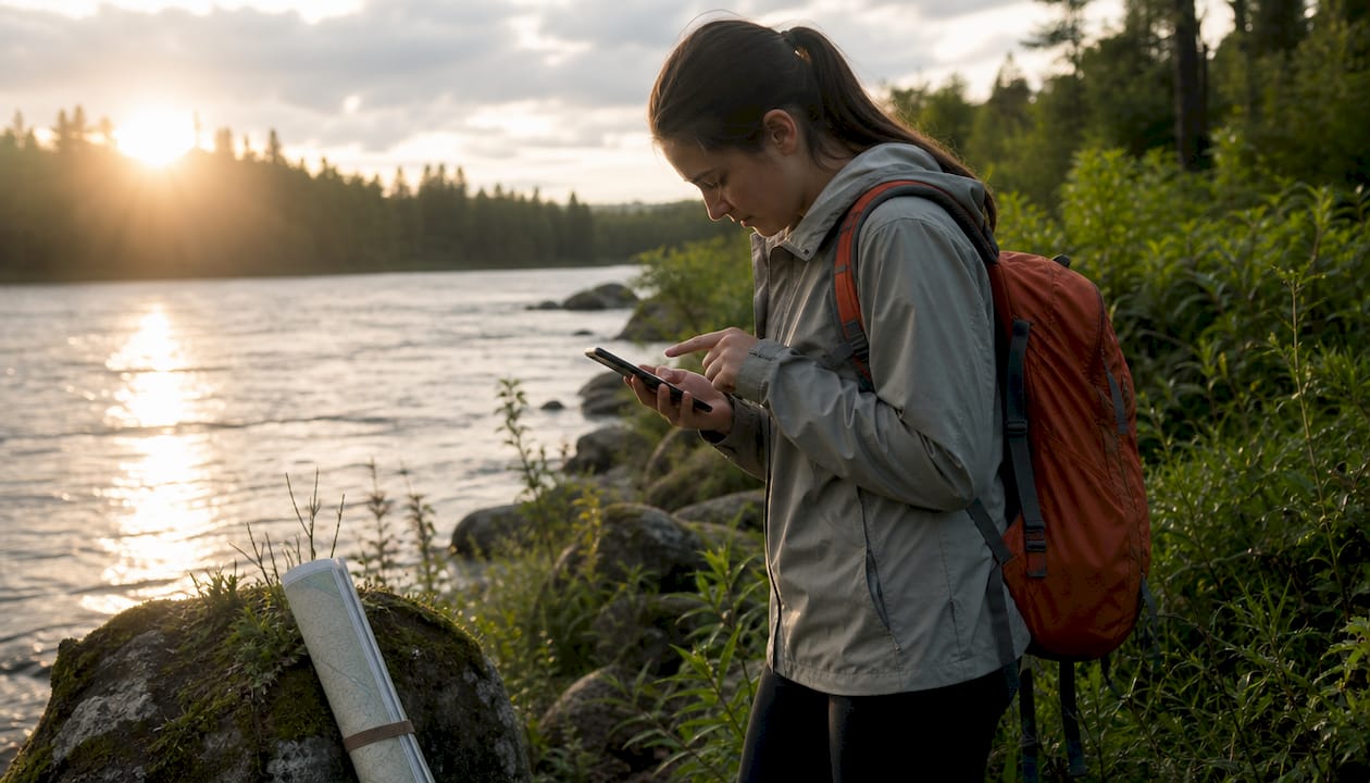 Woman using smartphone for canoe routes by river