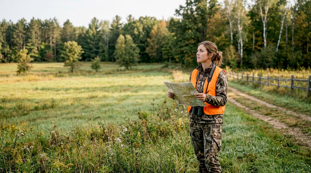 Female hunter checking map at Wisconsin hunting land