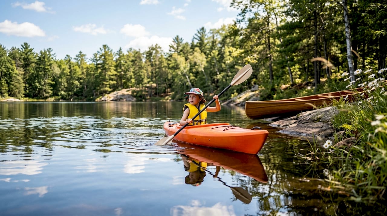 Child kayaking on calm Wisconsin lake