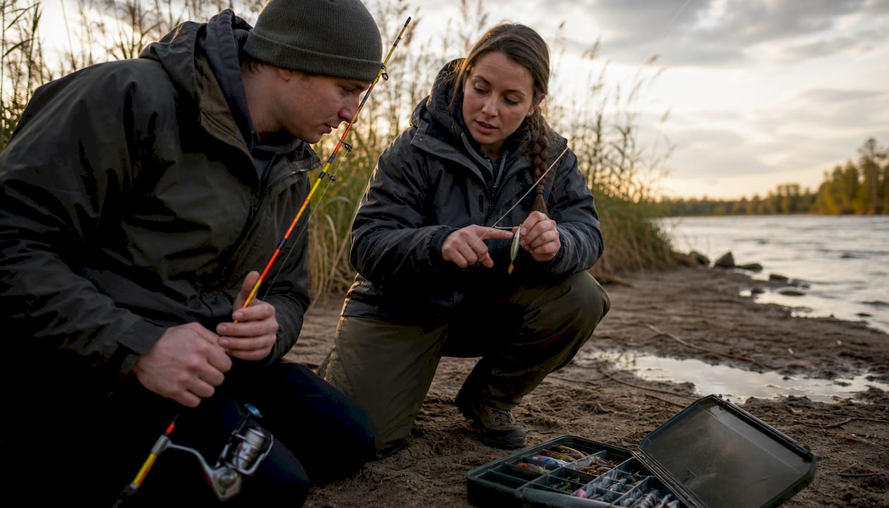 Fishing guide instructing angler on dock