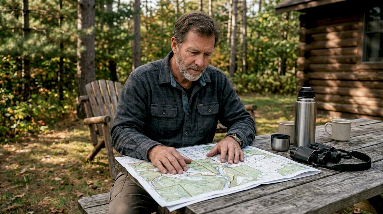 Hands pointing at farmland map in hunting cabin