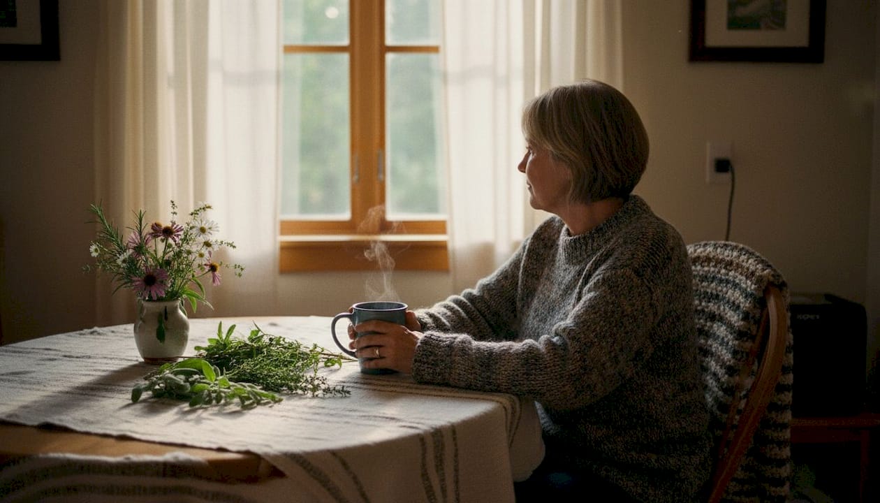 Hands holding coffee cup inside cozy cabin kitchen