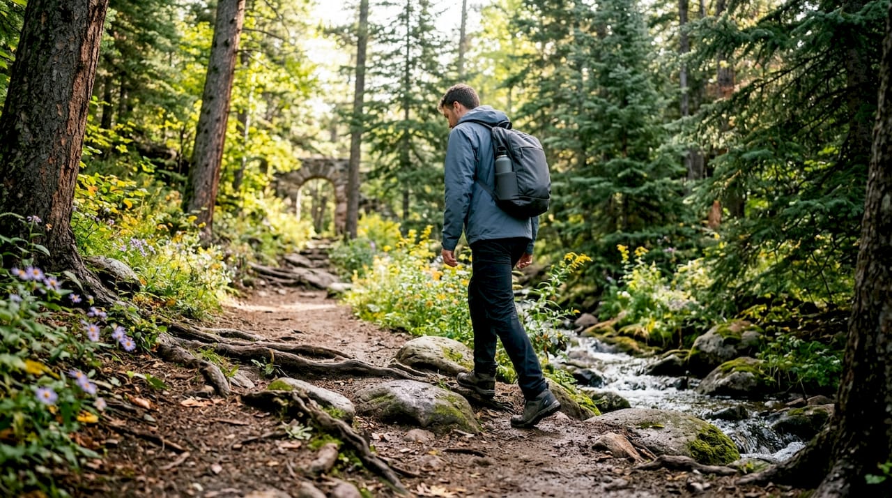 Hiker on forest trail at George H Crosby Manitou